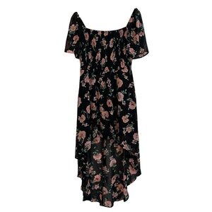 Women's XL Y2 Black Blush Floral Whimsical Goth Fairy Shirred Bodice Dress